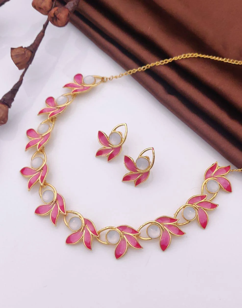 Modern Pink Flower Minakari Necklace Set,