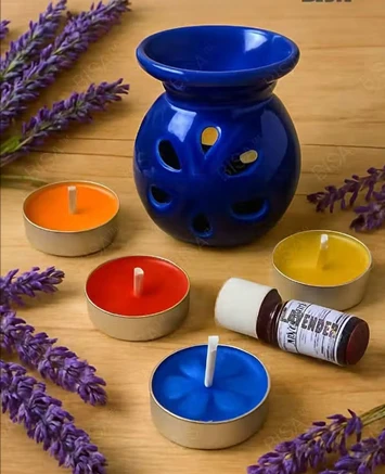 Ceramic Aroma Oil Burner Combo | Lavender Essential Oil + 4 Colourful Tealight C