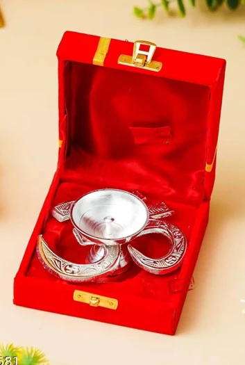 Luxury Boxed Metal Om Diya | Metal Oil Lamp with 3 red kalava sacred threads