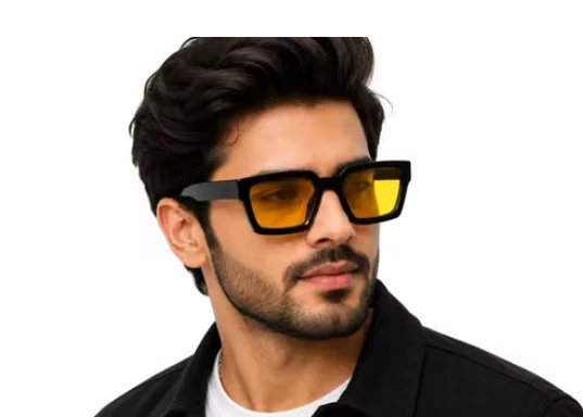 Yellow Lens Square Sunglasses for Men & Women | Black Frame UV Protected Eyewear